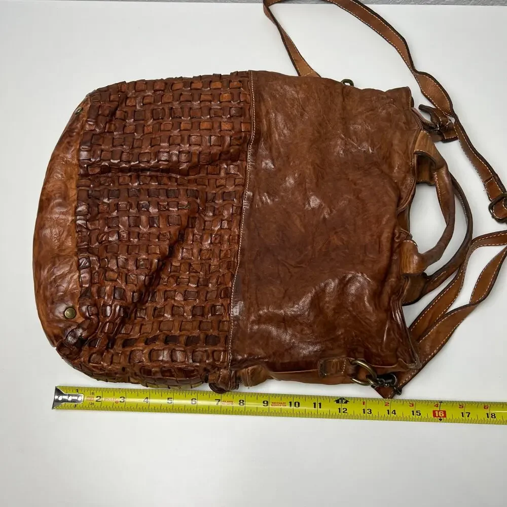 LANGELLOTTI Brown Woven Italian Leather Tote Hobo Handbag Large Distressed Boho